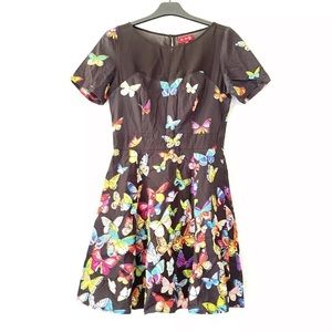 Derhy Butterfly Sheath Dress Multicolor Short Sleeve Y2K Sheer Neckline Size S